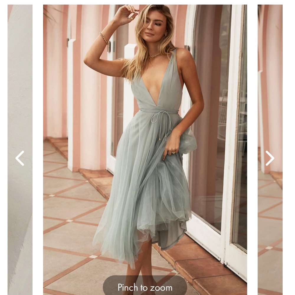 FLOATING BY PLUNGING NECKLINE MESH OVERLAY MIDI DRESS SAGE